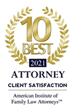 2021 10 Best Attorney for Client Satisfaction award badge from the American Institute of Family Law Attorneys